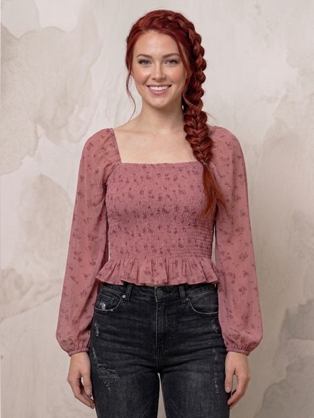 Hollister Floral Smocked Long Sleeve Ruffle Blouse Square Neck Top